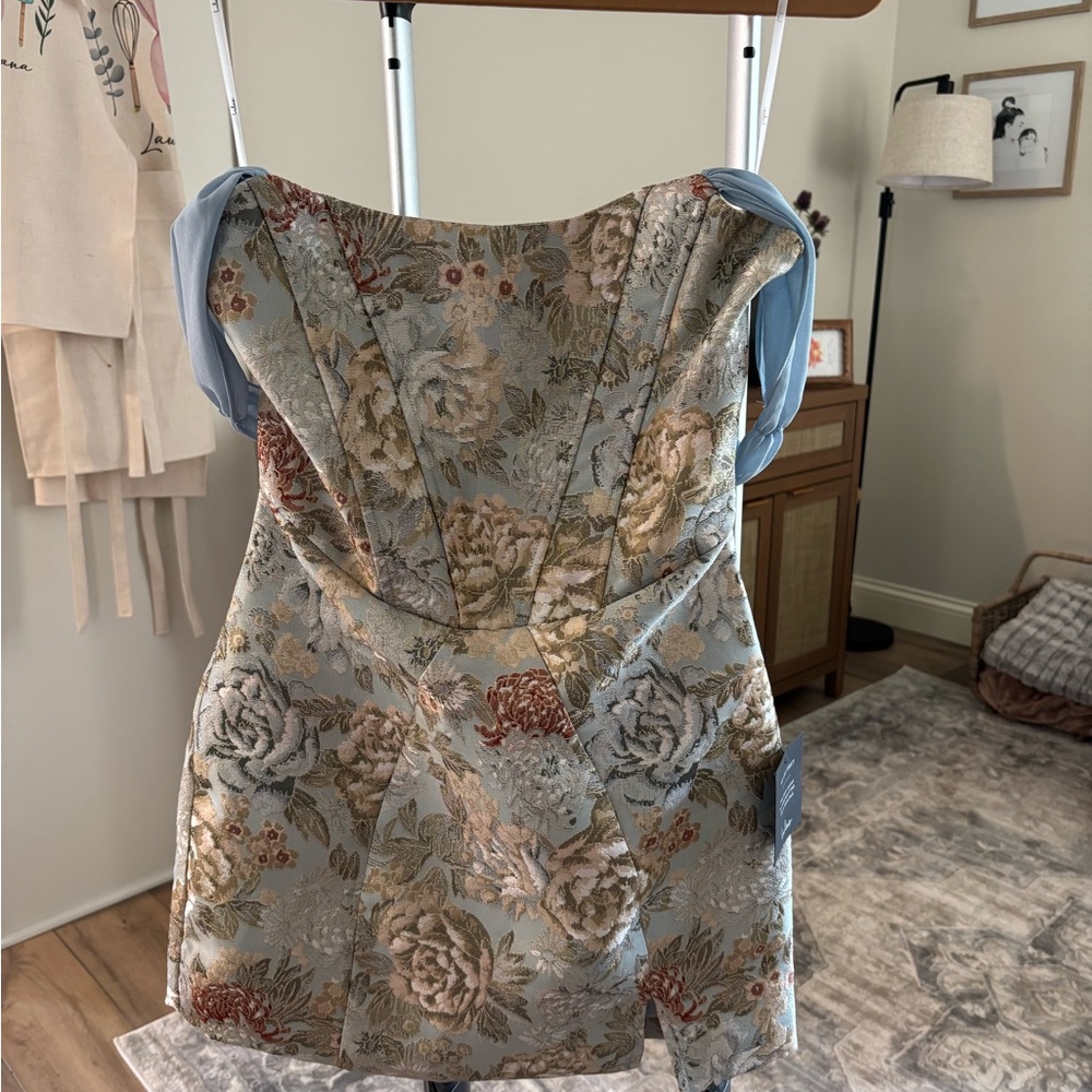 Lulu's Strapless Floral Dress in Blue and Cream